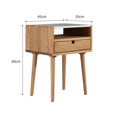 Nomi Natural Effect One Drawer with White Carrara Marble Bedside Cabinet