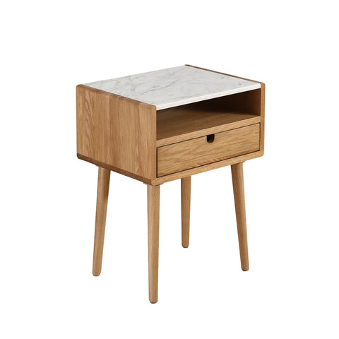 Nomi White Marble Top One Drawer Bedside Cabinet - Natural