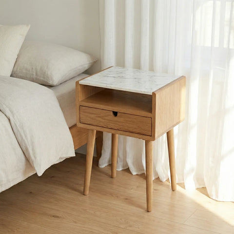 Nomi White Marble Top One Drawer Bedside Cabinet - Natural