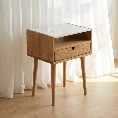 Nomi White Marble Top One Drawer Bedside Cabinet - Natural