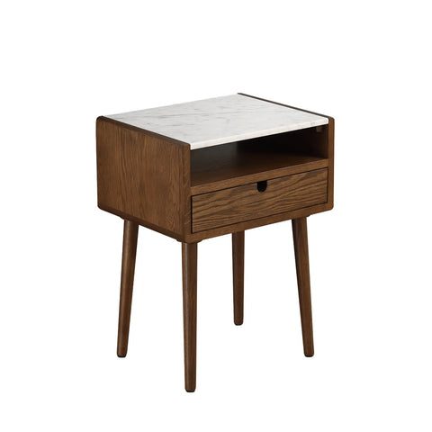 Nomi White Marble Top One Drawer Bedside Cabinet - Walnut