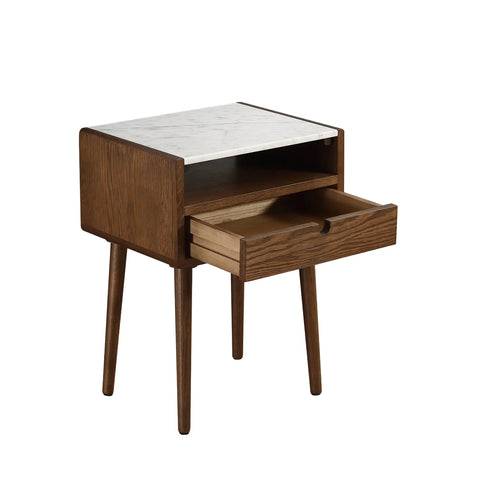 Nomi White Marble Top One Drawer Bedside Cabinet - Walnut