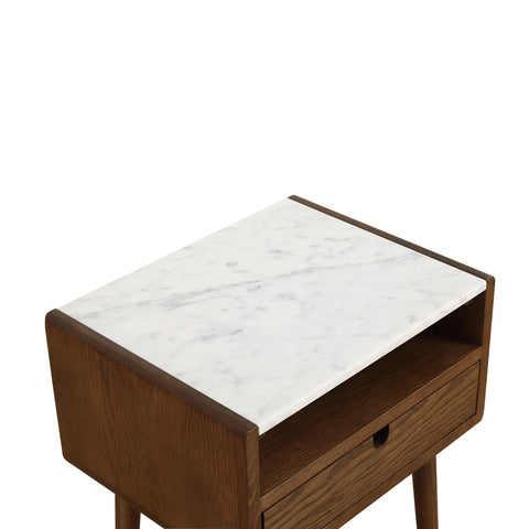 Nomi White Marble Top One Drawer Bedside Cabinet - Walnut