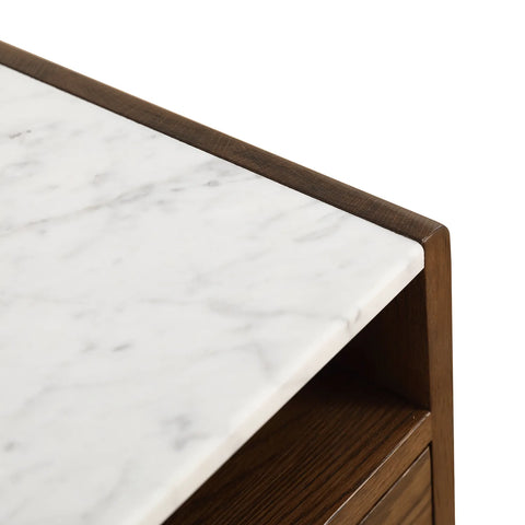 Nomi White Marble Top One Drawer Bedside Cabinet - Walnut