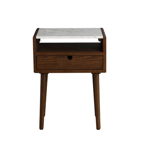 Nomi White Marble Top One Drawer Bedside Cabinet - Walnut