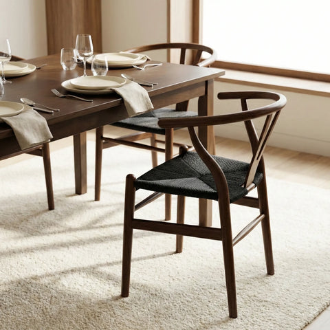 Osunba Set of 2 Dining Chairs, Black Weave | Walnut Effect Beech Solid Wood