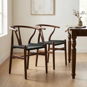 Osunba Set of 2 Black Natural Weave Dining Chairs with Brown Beech Solid Wood