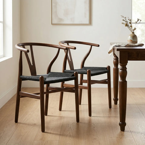 Osunba Set of 2 Dining Chairs, Black Weave | Walnut Effect Beech Solid Wood