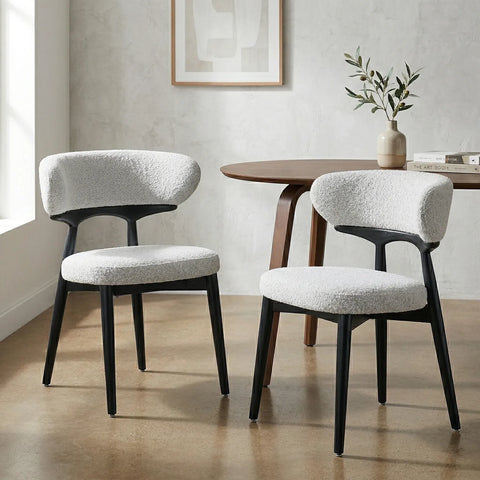 Parsons Set of 2 Dining Chairs, Black Effect Ash Solid Wood | Light Grey Bouclé Fabric