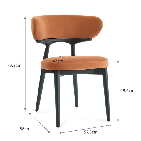 Parsons Set of 2 Dining Chairs, Black Effect Ash Solid Wood | Rusty Orange Velvet Fabric
