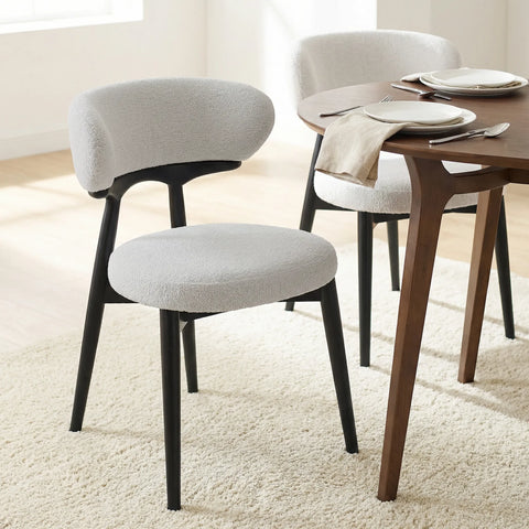 Parsons Set of 2 Dining Chairs, Black Effect Ash Solid Wood | Light Grey Bouclé Fabric