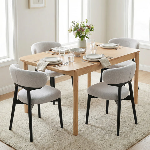 Parsons Set of 2 Dining Chairs, Black Effect Ash Solid Wood | Light Grey Bouclé Fabric