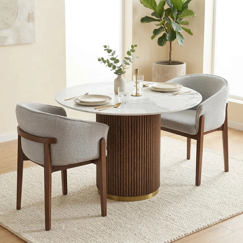 Marcio White Marble-effect Ceramic Top & Wooden Base Round Dining Table - 120cm - Pattern C