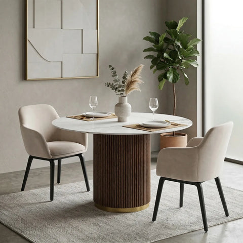 Marcio White Marble-effect Ceramic Top & Wooden Base Round Dining Table - 120cm - Pattern C