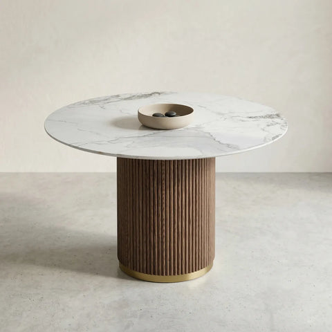 Marcio White Marble-effect Ceramic Top & Wooden Base Round Dining Table - 120cm - Pattern C