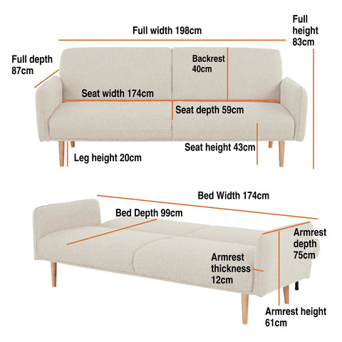 Resten Fabric Click-Clark 3-Seater Sofa Bed – Cream