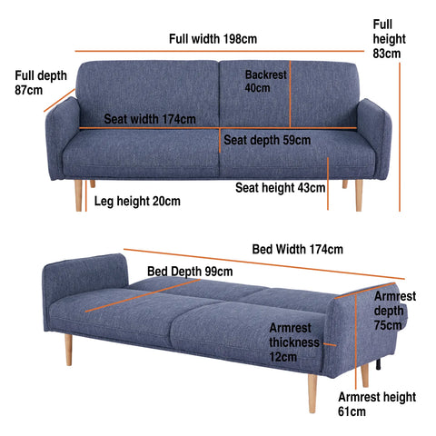 Resten Fabric Click-Clark 3-Seater Sofa Bed – Navy
