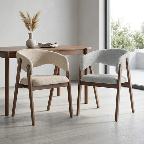 Riverton Dining Chair, Walnut Effect Ash Solid Wood | Light Grey Bouclé Fabric