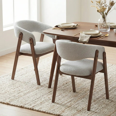 Riverton Dining Chair, Walnut Effect Ash Solid Wood | Light Grey Bouclé Fabric