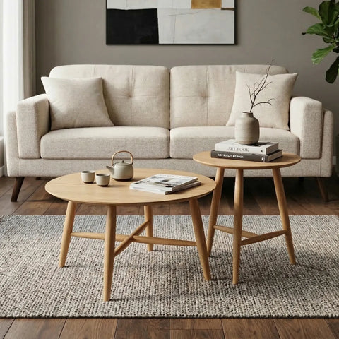 Sander Round Wooden Coffee Table and Side Table Set - Oak