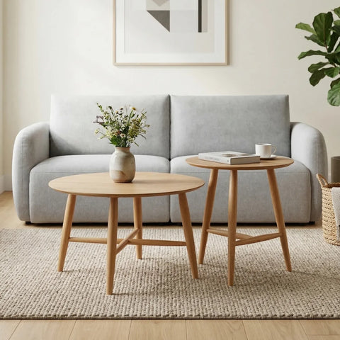 Sander Round Wooden Coffee Table and Side Table Set - Oak