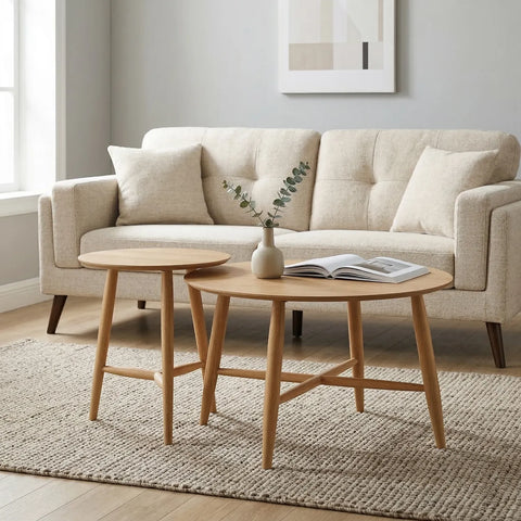 Sander Round Wooden Coffee Table and Side Table Set - Oak