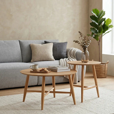 Sander Round Wooden Coffee Table and Side Table Set - Oak