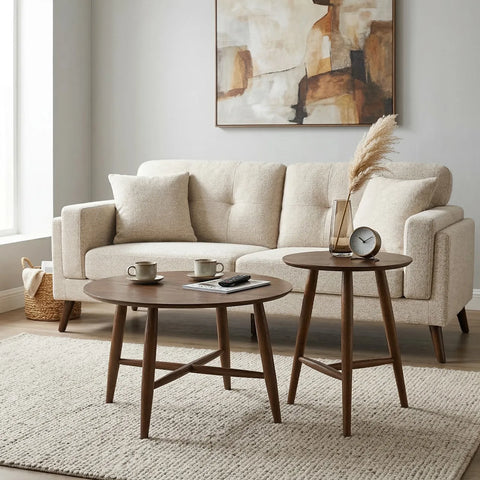 Sander Round Wooden Coffee Table and Side Table Set - Walnut