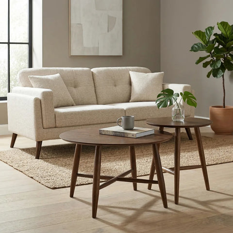 Sander Round Wooden Coffee Table and Side Table Set - Walnut