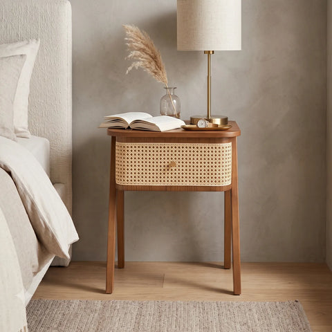 Savla Brown Rattan 1 Drawer Wooden Bedside Cabinet