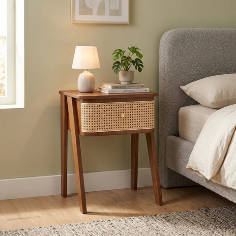 Savla Brown Rattan 1 Drawer Wooden Bedside Cabinet