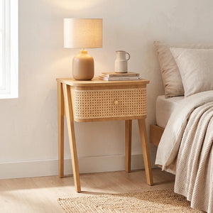 Savla Natural Rattan 1 Drawer Wooden Bedside Cabinet