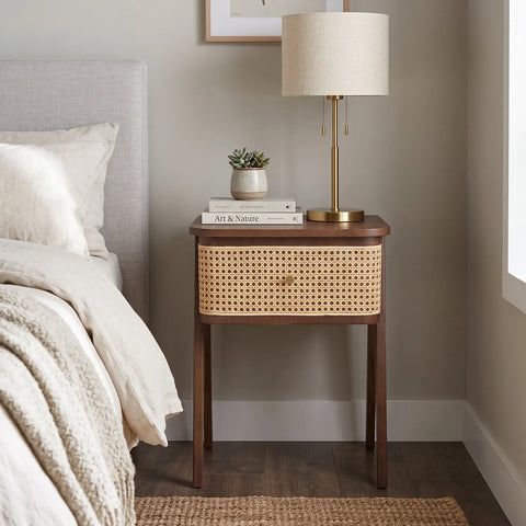 Savla Walnut Rattan 1 Drawer Wooden Bedside Cabinet