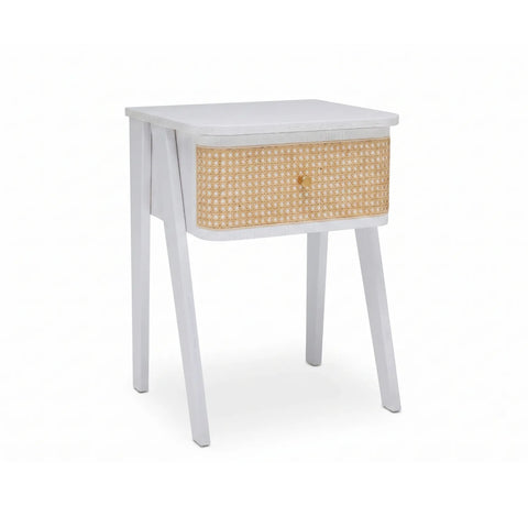 Savla White Rattan 1 Drawer Wooden Bedside Cabinet