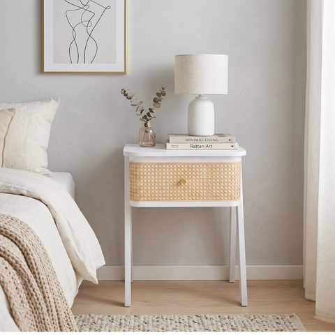 Savla White Rattan 1 Drawer Wooden Bedside Cabinet