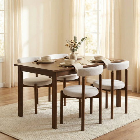 Skara Set of 2 Dining Chairs, Walnut Effect Solid Wood Frame | Light Warm Grey Textured Basketweave Fabric