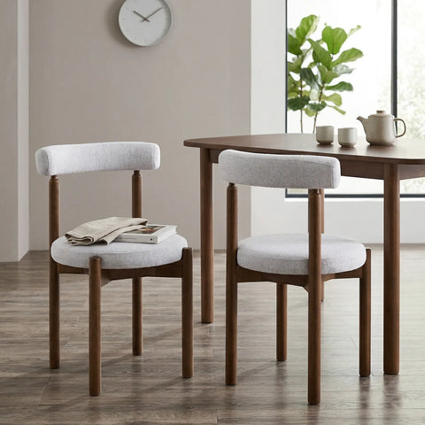Skara Set of 2 Dining Chairs, Walnut Effect Solid Wood Frame | Light Warm Grey Textured Basketweave Fabric