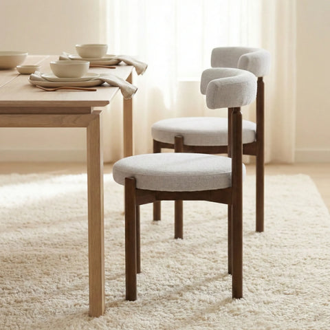 Skara Set of 2 Dining Chairs, Walnut Effect Solid Wood Frame | Light Warm Grey Textured Basketweave Fabric