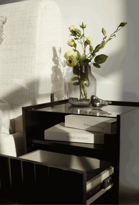 Solano Glass-Top Bedside Table (Available in Black and White)