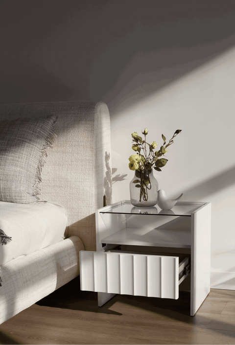 Solano Glass-Top Bedside Table (Available in Black and White)