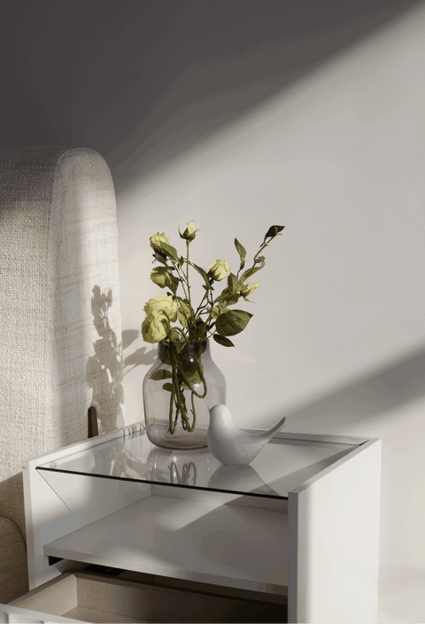Solano Glass-Top Bedside Table (Available in Black and White)