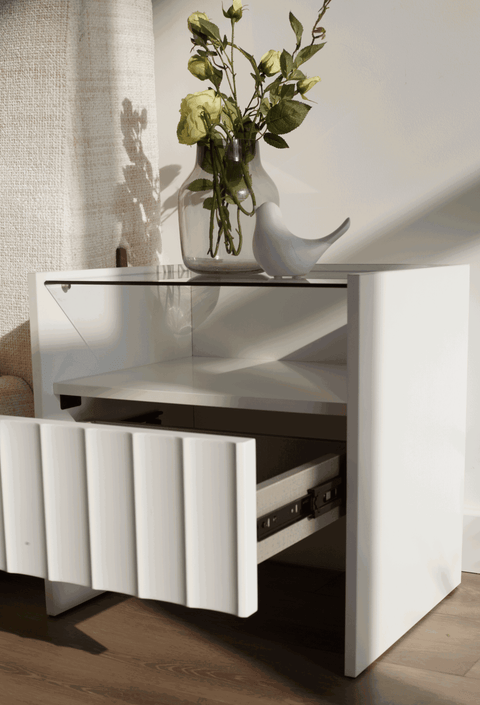 Solano Glass-Top Bedside Table (Available in Black and White)