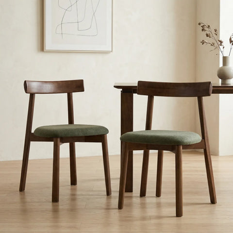 Soma Set of 2 Dining Chairs, Walnut Effect Solid Wood Frame | Olive Green Fabric