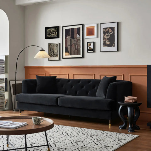Tribeca Tufted Vintage Black Velvet 3 Seater Sofa