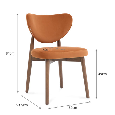 Valen Set of 2 Dining Chairs, Walnut Effect Ash Solid Wood | Rusty Orange Velvet Fabric