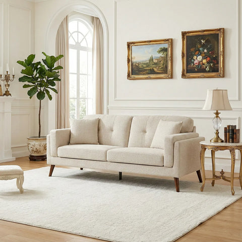 Vedic Warm Beige Fabric 3 Seater Sofa with Tufted Backrest