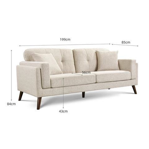 Vedic Warm Beige Fabric 3 Seater Sofa with Tufted Backrest