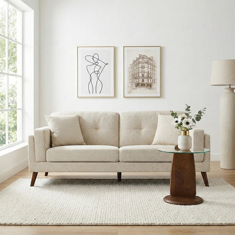 Vedic Warm Beige Fabric 3 Seater Sofa with Tufted Backrest