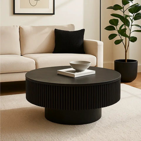 Vivid Black Wooden Round Coffee Table