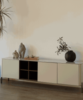 Willow White Ceramic-Top TV Stand with Matte Beige Finish for TVs up to 78"